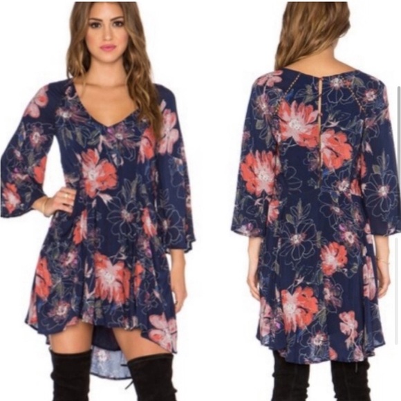 Lightweight! Free People Eyes On You Navy Floral Boho V-Neck 3/4 Sleeve Dress - Picture 9 of 12